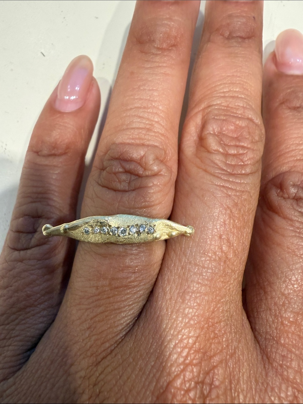 14k Gold. Matt finish. Rustic Hand made one of one Bar ring with VS Diamond. 5.5